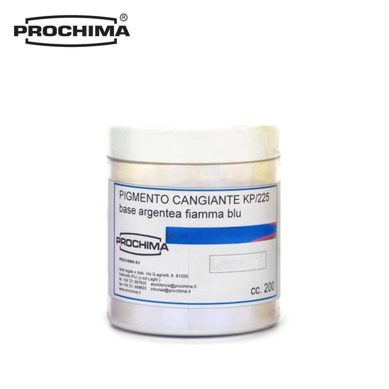 Pigmento perlaceo a base argentea e fiamma colorata cangiante blu/arancio KP225, vaso da 200 ml