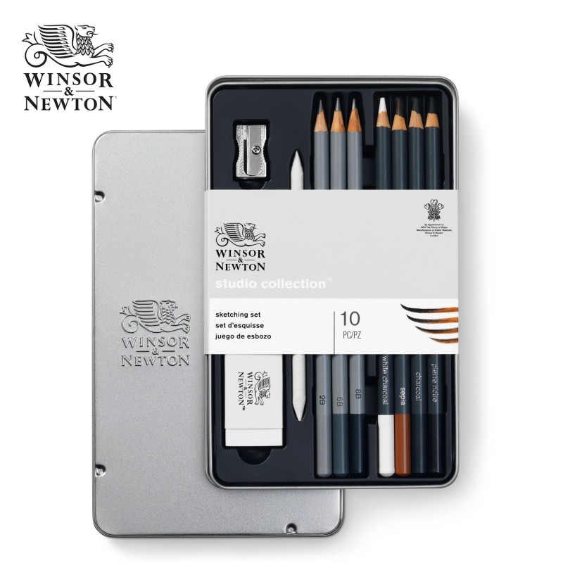 Winsor&Newton Studio Collection Sketching - Set di 7 matite da schizzo e accessori in scatola di metallo