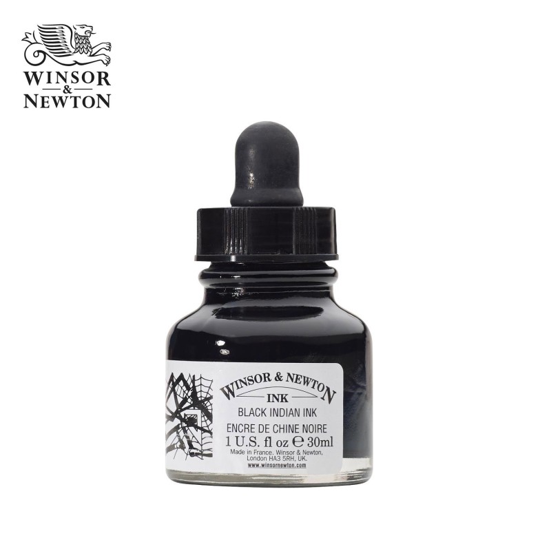 Inchiostro da Disegno Colorato Winsor&Newton Nero (Black Indian Ink), flacone da 30 ml con Contagocce