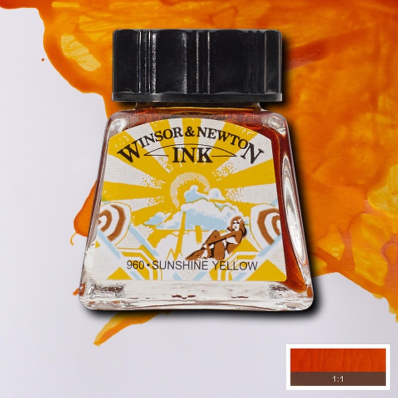 Inchiostro di China Winsor&Newton Giallo Sole, flacone in vetro da 14 ml