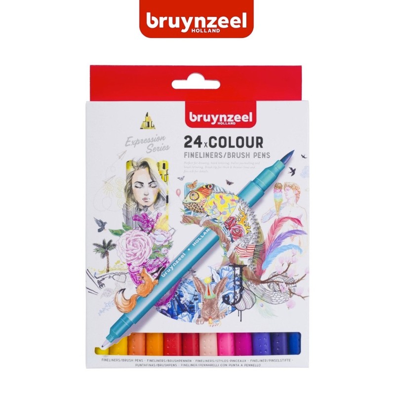 Bruynzeel Fineliner Brush Pen - Set 24 pennarelli a doppia punta in colori assortiti