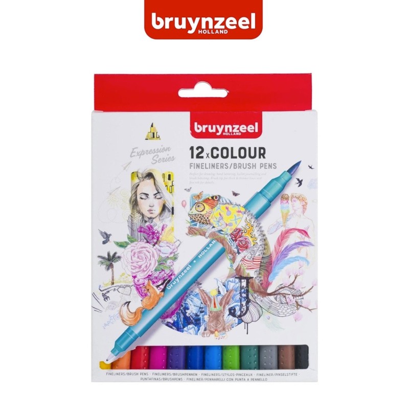 Bruynzeel Fineliner Brush Pen - Set 12 pennarelli a doppia punta in colori  assortiti