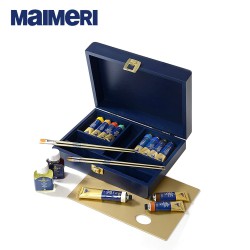 Maimeri - Cassetta in legno con Colori ad olio Maimeri Puro 10 tubi da 40 ml e 1 bianco da 80 m e accessori