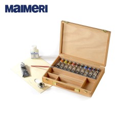 Maimeri - Cassetta in legno con Colori Acrilici Polycolor 10 tubi da 20 ml e 1 da 60 ml, medium e accessori