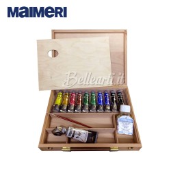 Cassetta in legno Tempera fine Maimeri. 10 tubi da 20 ml, 1 bianco da 60 ml, 1 vernice 75 ml e accessori