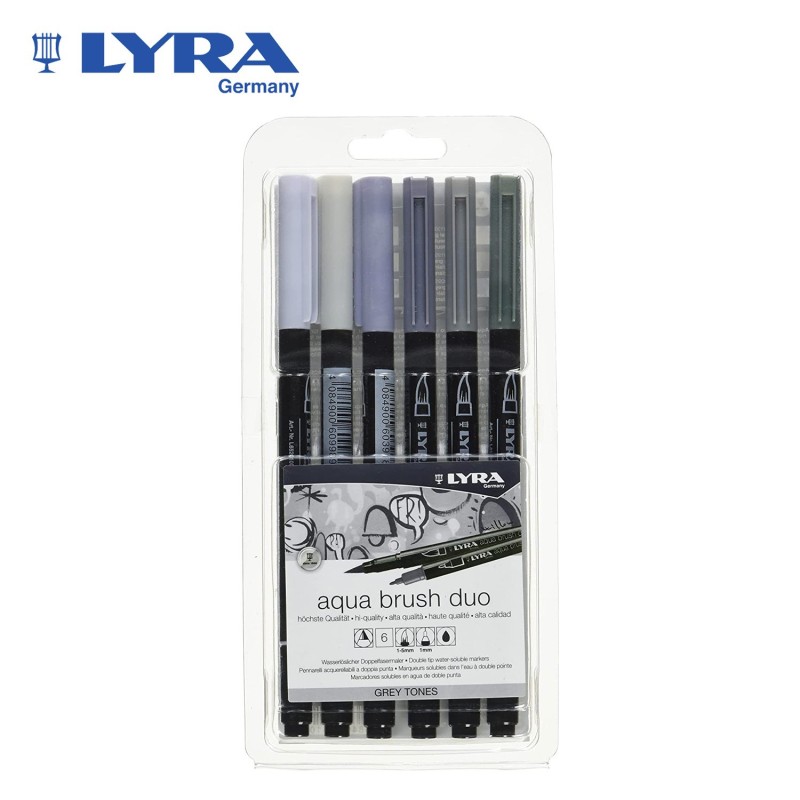 Set di pennarelli “Aqua Brush duo” Lyra con 6 toni di grigio a punta fine e pennello