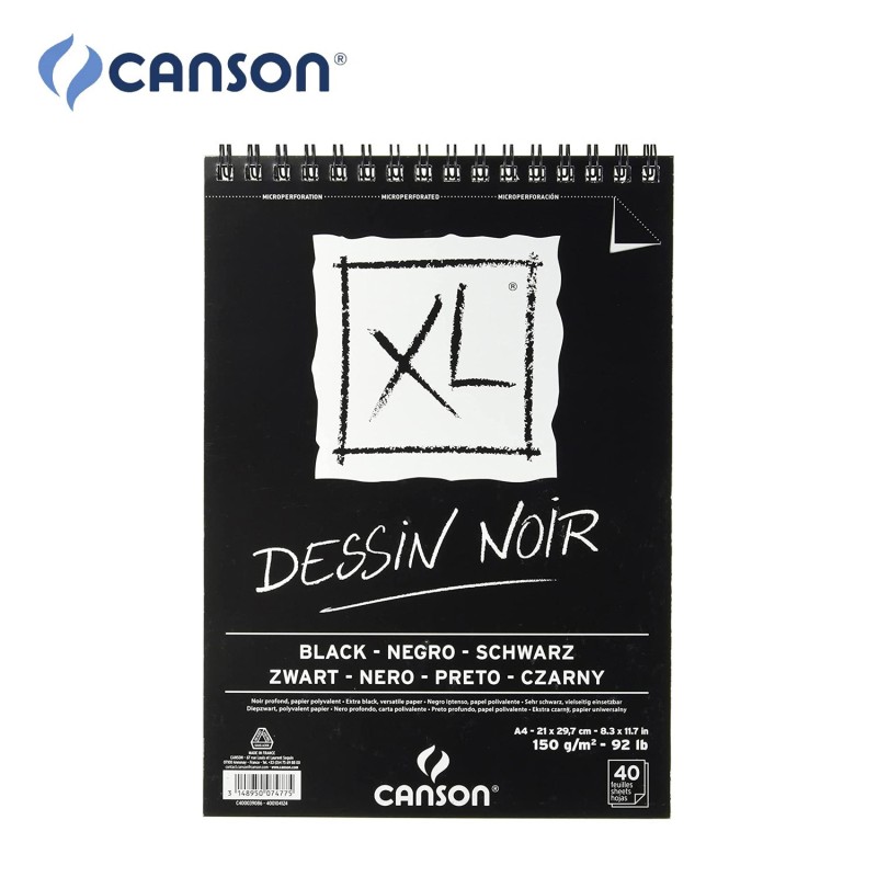 Canson XL Dessin Noir - Blocchi di Carta per Schizzo e Disegno rilegati a spirale - 40 fogli nero intenso da 150 gr. in 
