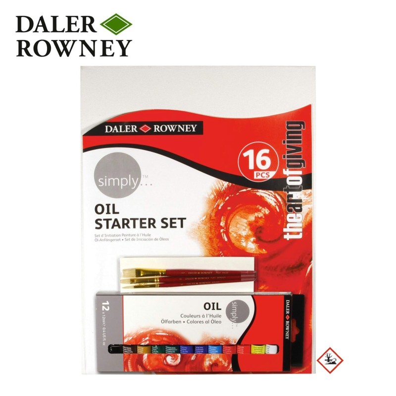 Set per pittura a olio Oil Starter Set Daler Rowney. 12 colori da 12 ml, 3 pennelli e 1 tela
