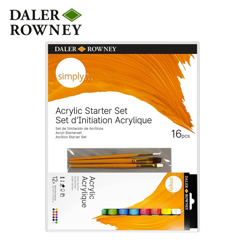 Set per dipingere con gli acrilici Acrylic Starter Set Daler Rowney. 12 colori da 12 ml, 3 pennelli e 1 tela