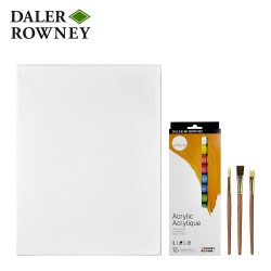 Set per dipingere con gli acrilici Acrylic Starter Set Daler Rowney. 12 colori da 12 ml, 3 pennelli e 1 tela