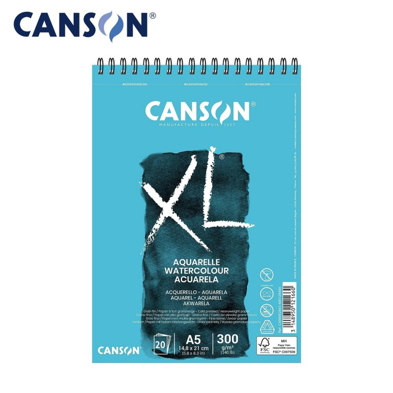 Canson XL Aquarelle - Blocco di Carta per Acquerello 30 fogli da 300 gr. a grana fine Formato A5