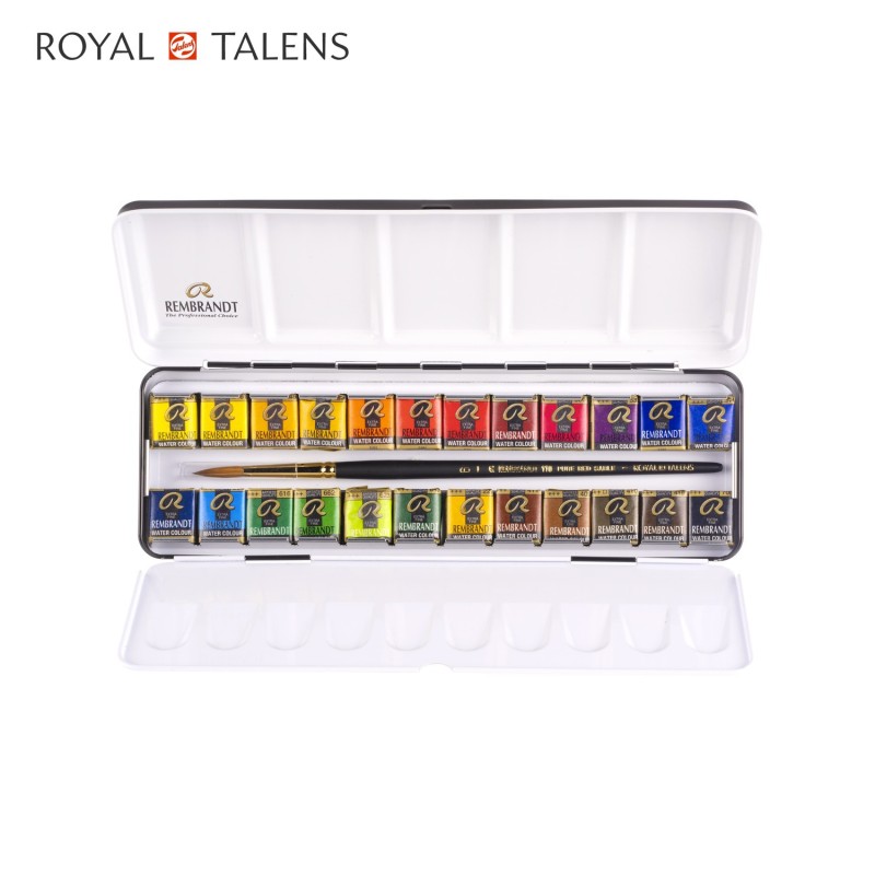 Talens Rembrandt Watercolour Set - Scatola in metallo con 24 acquerelli  professionali 1/2 godet e pennello