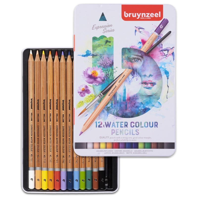 Bruynzeel Expression - Set di 12 matite colorate acquarellabili e pennello in scatola di metallo Bruynzeel Expression - Set di 12 matite colorate acquarellabili e pennello in scatola di metallo