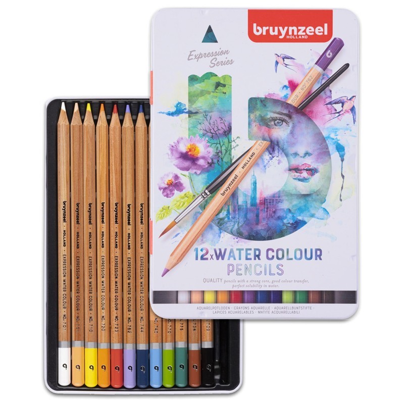 Bruynzeel Expression - Set in scatola di metallo con 12 matite colorate acquarellabili e pennello