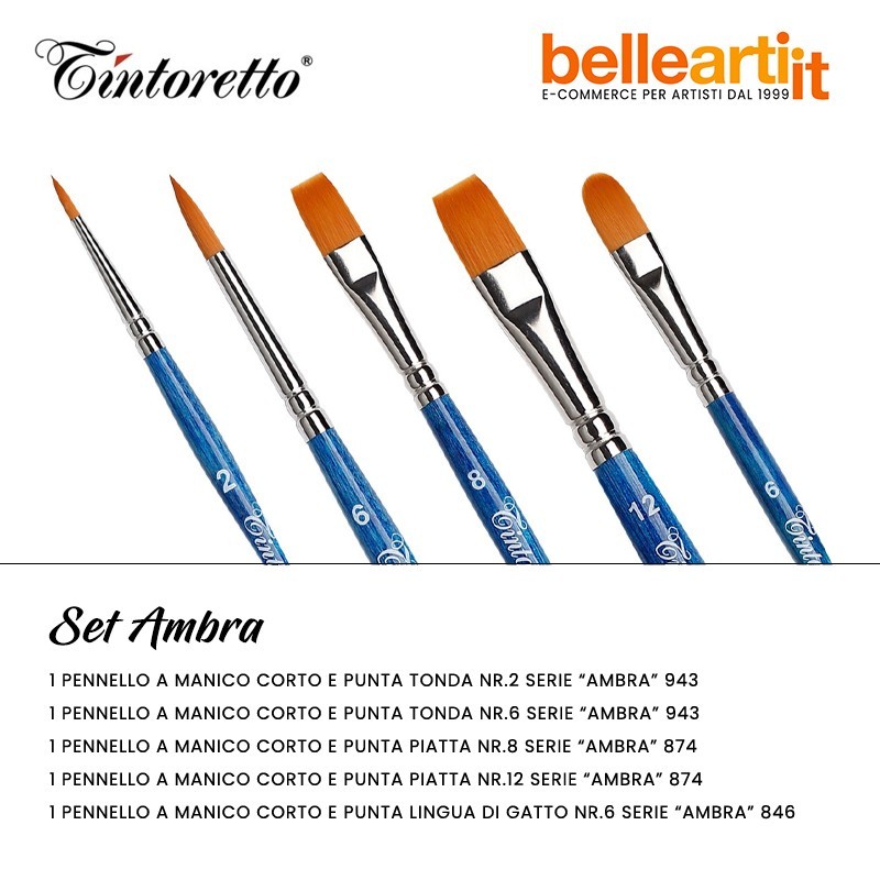 Bellearti.it - Set Ambra medio con 5 pennelli Tintoretto in pelo sintetico
