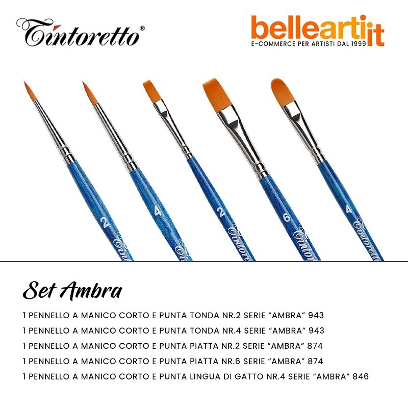 Bellearti.it - Set Ambra con 5 pennelli Tintoretto in pelo sintetico