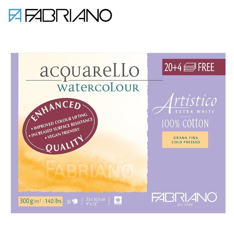 Fabriano Artistico - Blocchi da 20+4 fogli 23x30,5 cm per Acquerello, Cotone 100% extra-white a Grana fina 300 gr. Fabriano Artistico - Blocchi da 20+4 fogli 23x30,5 cm per Acquerello, Cotone 100% extra-white a Grana fina 300 gr.