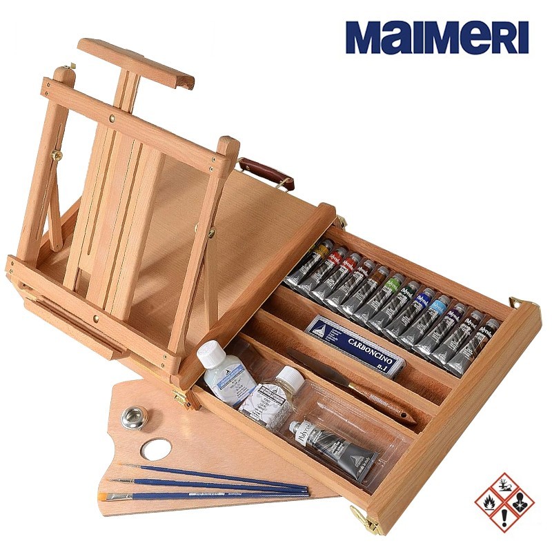 Maimeri - Cassetta Cavalletto da tavolo con colori acrilici Polycolor 13 tubi da 20 ml, 1 bianco da 60 ml e accessori
