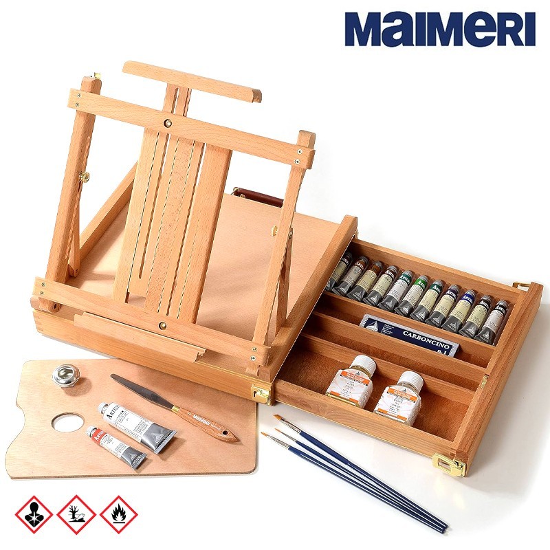 Maimeri Artisti - Cassetta Cavalletto con 13 Colori ad olio professionali 20 ml e 1 bianco da 60 ml + accessori