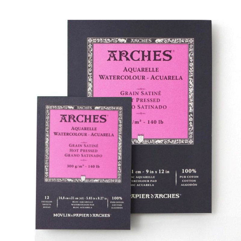 ARCHES - BLOCCHI DA 12 ff DI CARTA PER ACQUERELLO COTONE 100%, GRANA SATINATA 300 Gr.